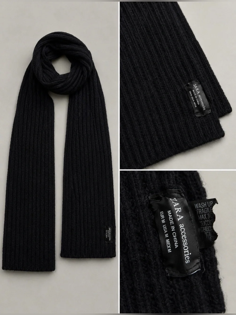 ZARA Oversized Black Ribbed Knit Scarf 82x22 Minimalist Long Wrap
